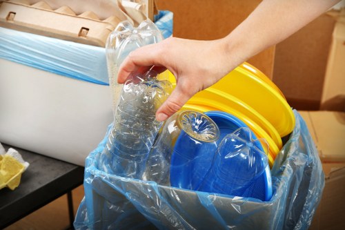Wood and plastic materials sorted for demolition waste recycling